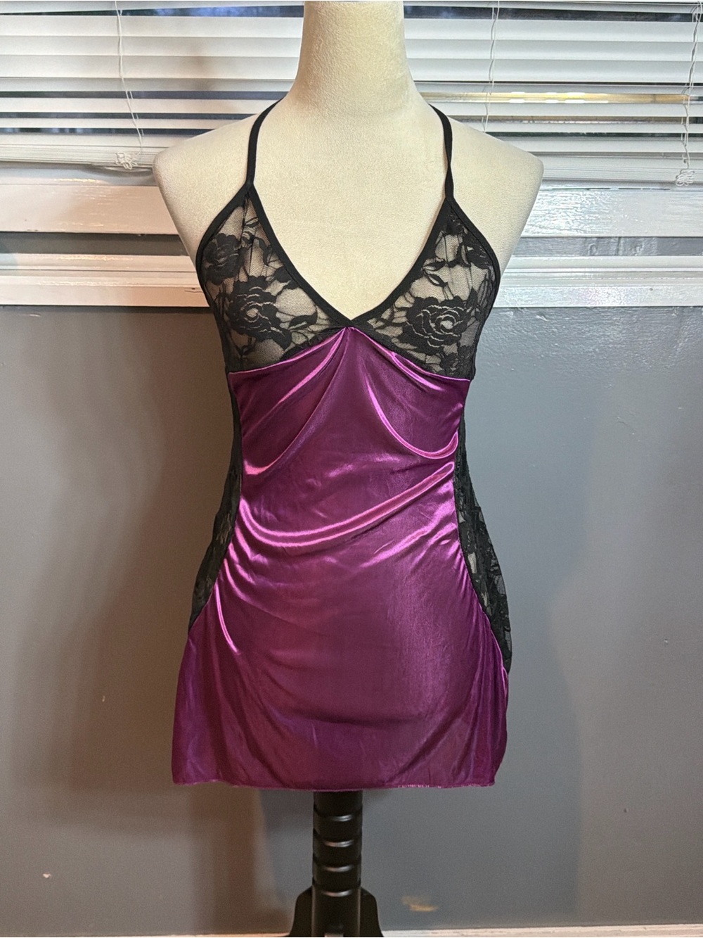 Source Unknown Plum Satin Chemise with Black Lace